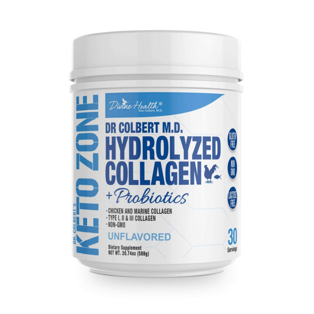 Dr. Colbert's Divine Health Keto Zone Hydrolyzed Type I, II, III Chicken Plus Marine Collagen Powder (Unflavored) Non-GMO, Supports Healthy Skin and Joints formulated by Dr. Don Colbert MD,20.74 Oz