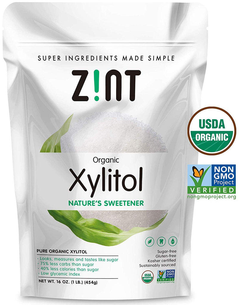 Zint Organic Xylitol Sweetener (16 oz): USDA Certified Natural Sugar Free Substitute, Non GMO, Low Glycemic Index, Measures & Tastes Like Sugar