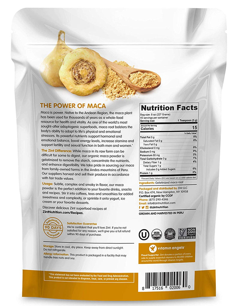 Zint Organic Maca Powder: Paleo Certified, Gelatinized, Non GMO, Yellow Maca Root - Adaptogen Superfood (8 oz)