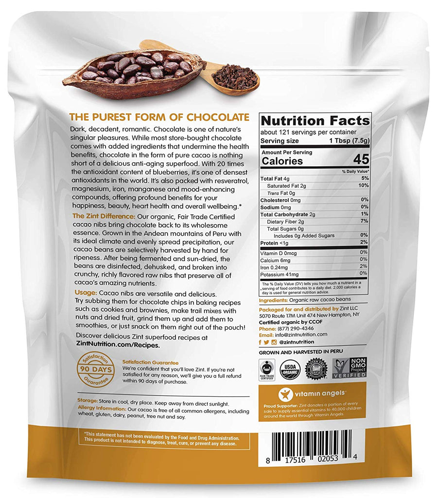 Zint Organic Cacao Nibs (32 oz): Paleo-Certified, Organic, Non GMO, Anti Aging Antioxidant Superfood, Gluten Free Cocoa Cacao Beans, Pure Delicious Chocolate Essence