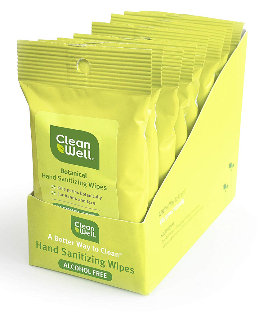 CleanWell Botanical Hand Sanitizing Wipes, Original, 10 count (8 PK) - Travel Size, Alcohol Free, Antibacterial, Kid Friendly, Plant-Based, Nontoxic, Cruelty Free, Moisturizing Formula
