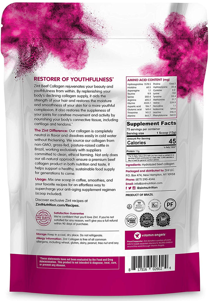 Zint Collagen Peptides Powder (32 oz): Paleo-Friendly, Keto-Certified, Grass-Fed Hydrolyzed Collagen Protein Supplement - Unflavored, Non GMO